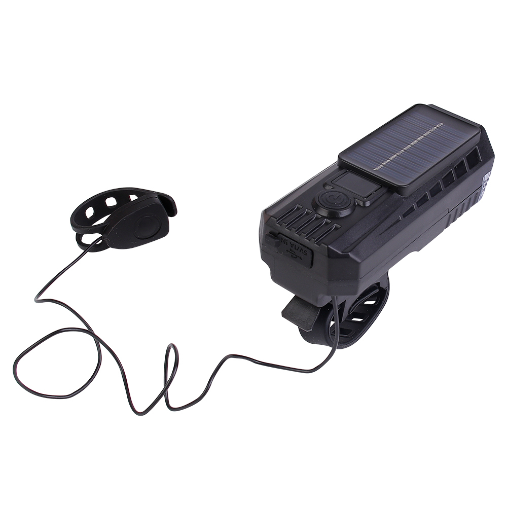 Overview of a solar rechargeable bicycle light with its remote wire horn control.