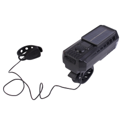 Overview of a solar rechargeable bicycle light with its remote wire horn control.