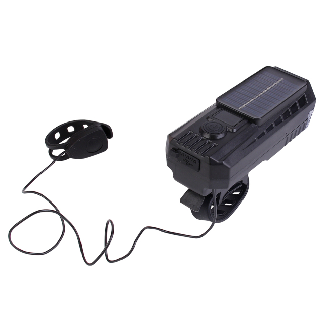 Overview of a solar rechargeable bicycle light with its remote wire horn control.