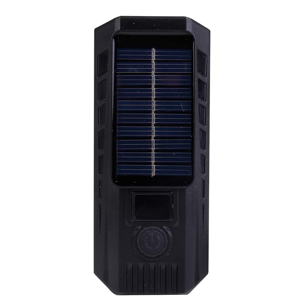 Top view close-up of the solar panel and digital power display on an LED bike light.