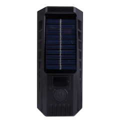 Top view close-up of the solar panel and digital power display on an LED bike light.