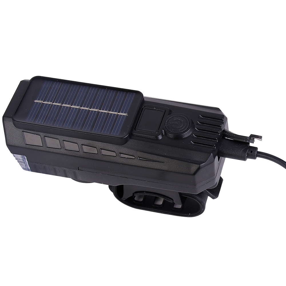 Close-up of the Type-C USB charging port on a solar-powered bike front light.