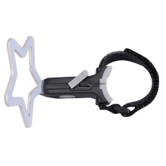 Side angled view of a star-shaped LED bike rear light with its mounting strap.