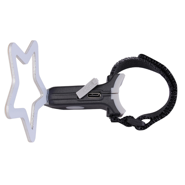 Side angled view of a star-shaped LED bike rear light with its mounting strap.