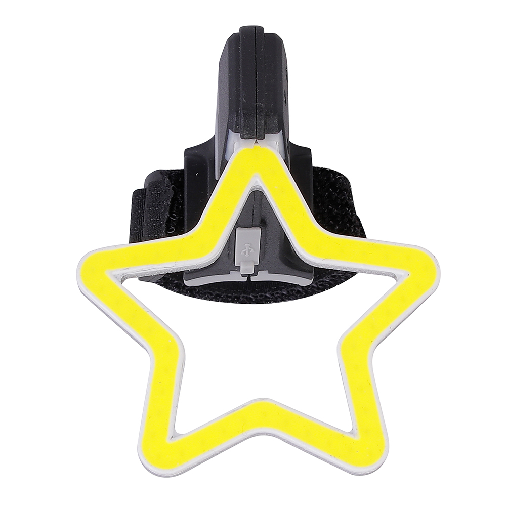 Front view of a yellow star-shaped rechargeable LED bike rear light.