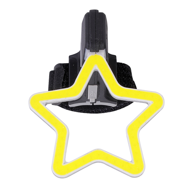 Front view of a yellow star-shaped rechargeable LED bike rear light.