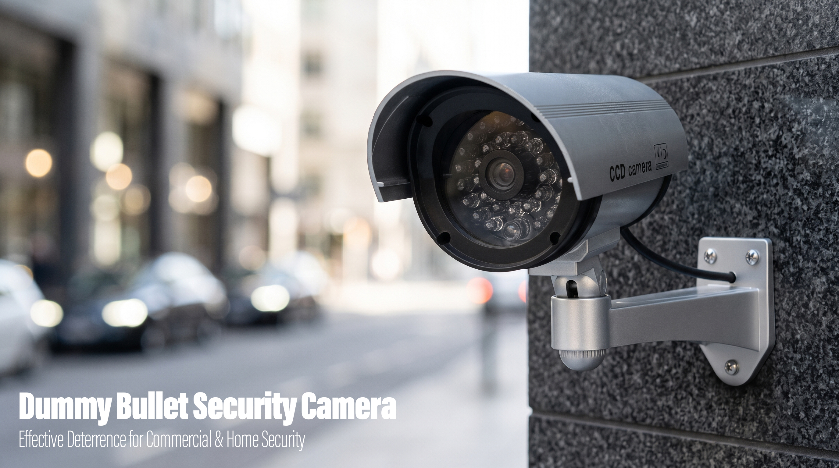 A silver dummy bullet security camera mounted on a commercial building stone wall overlooking a city street.
