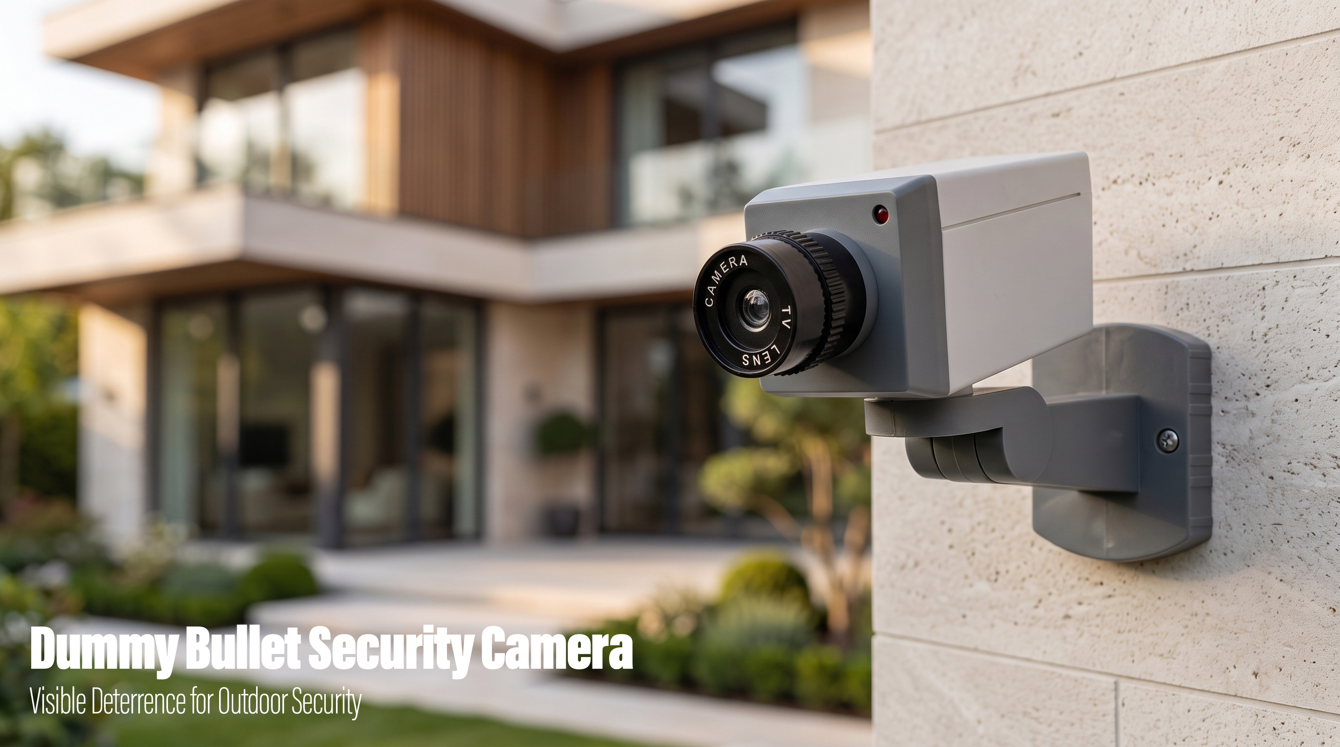 A realistic grey dummy bullet security camera mounted on a villa exterior wall overlooking the backyard.