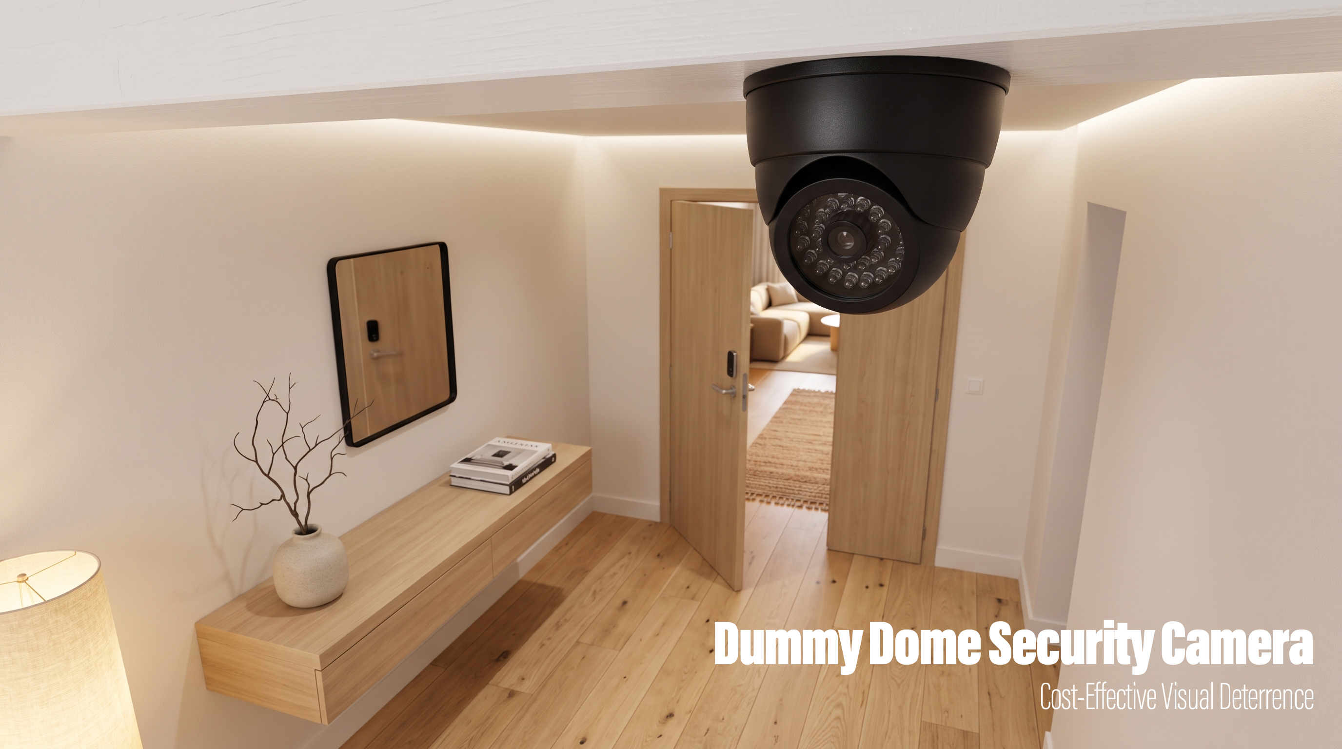 A realistic black dummy dome security camera mounted on the ceiling for indoor theft deterrence.
