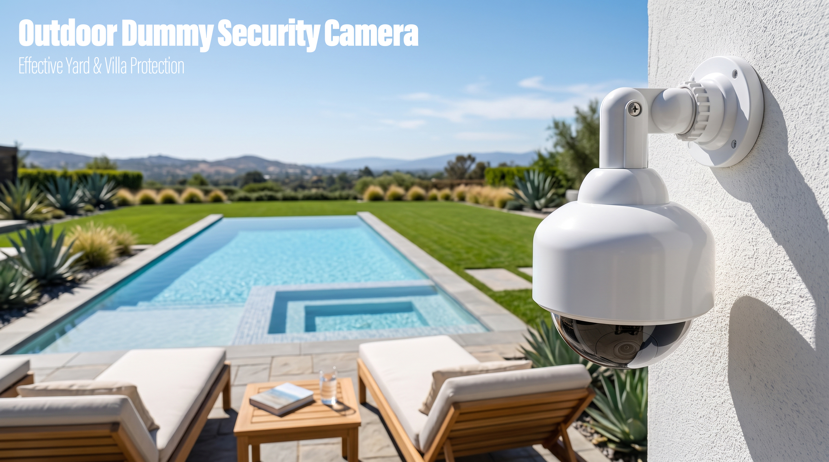 A white outdoor dummy dome security camera mounted on a villa wall overlooking a backyard swimming pool.
