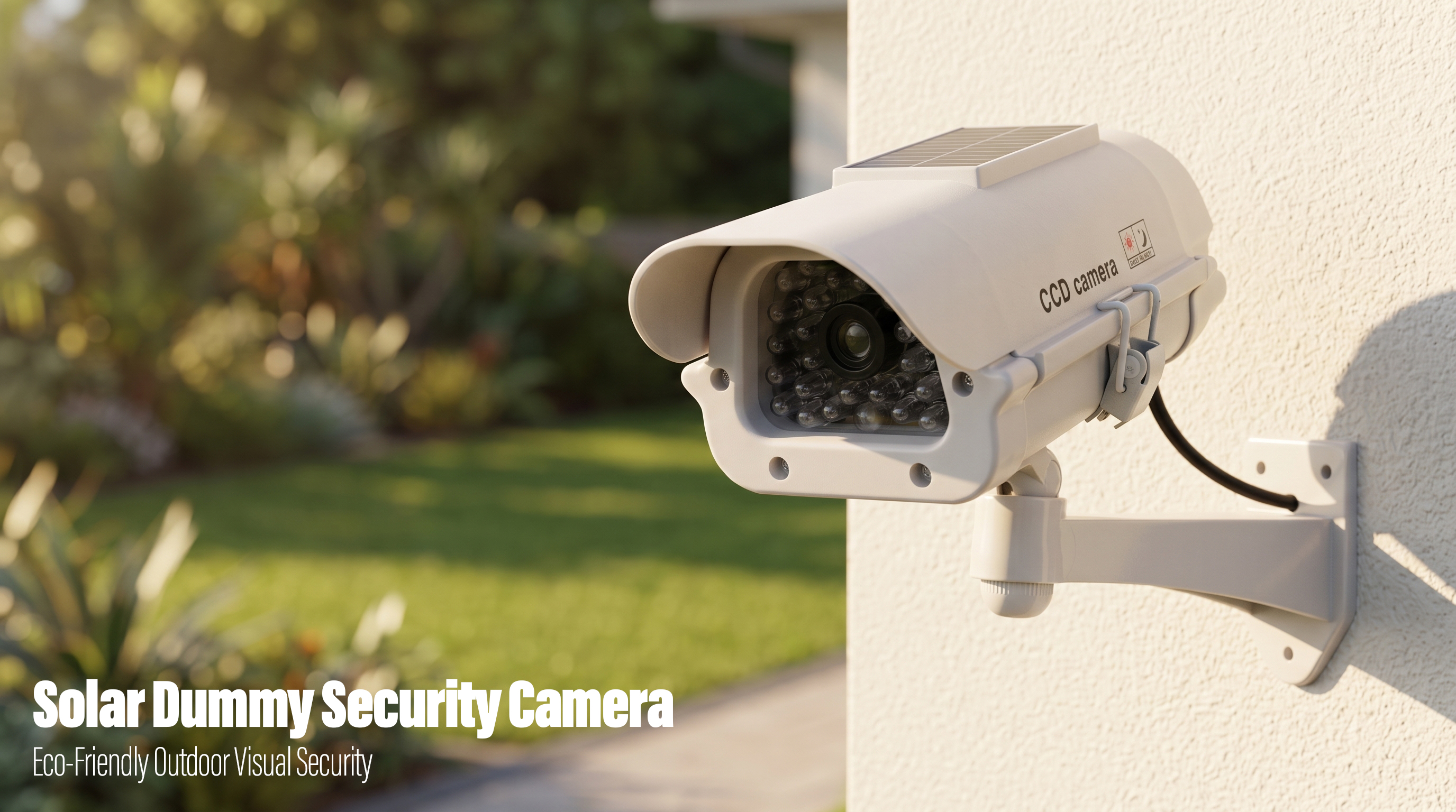 A silver solar-powered dummy security camera with a top solar panel mounted on a sunny courtyard wall.