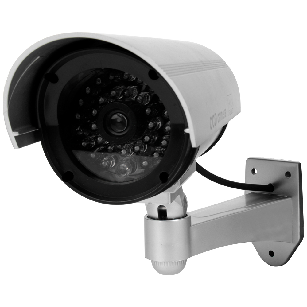 Realistic grey dummy bullet security camera with simulated lens array and red flashing LED indicator.