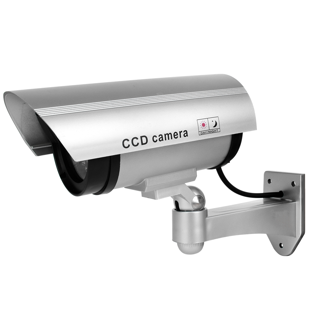 Side view of a realistic fake security camera with an integrated weather cover and simple installation bracket.