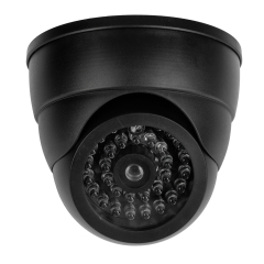 Front view of a compact black fake dome CCTV security camera showing lens matrix design.