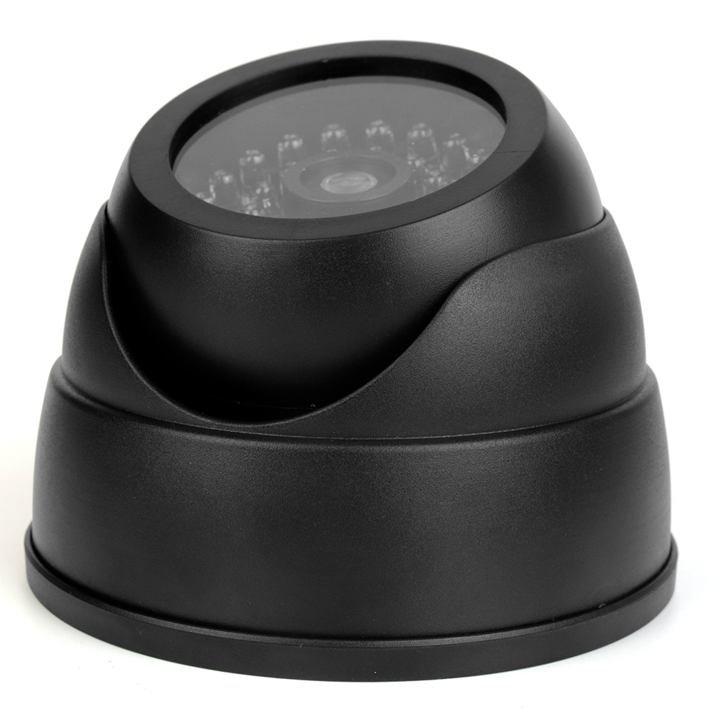 Side view of the black plastic dome fake security camera for ceiling or wall mounting.