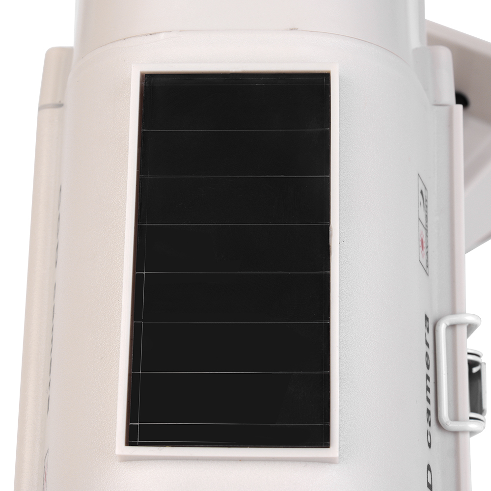 Close-up detail of the solar panel on top of a fake security camera housing.