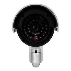 Close-up view of the simulated lens and faux infrared LED array on a dummy security camera.