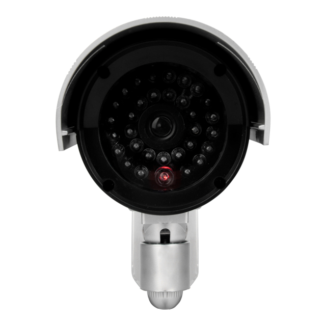 Close-up view of the simulated lens and faux infrared LED array on a dummy security camera.