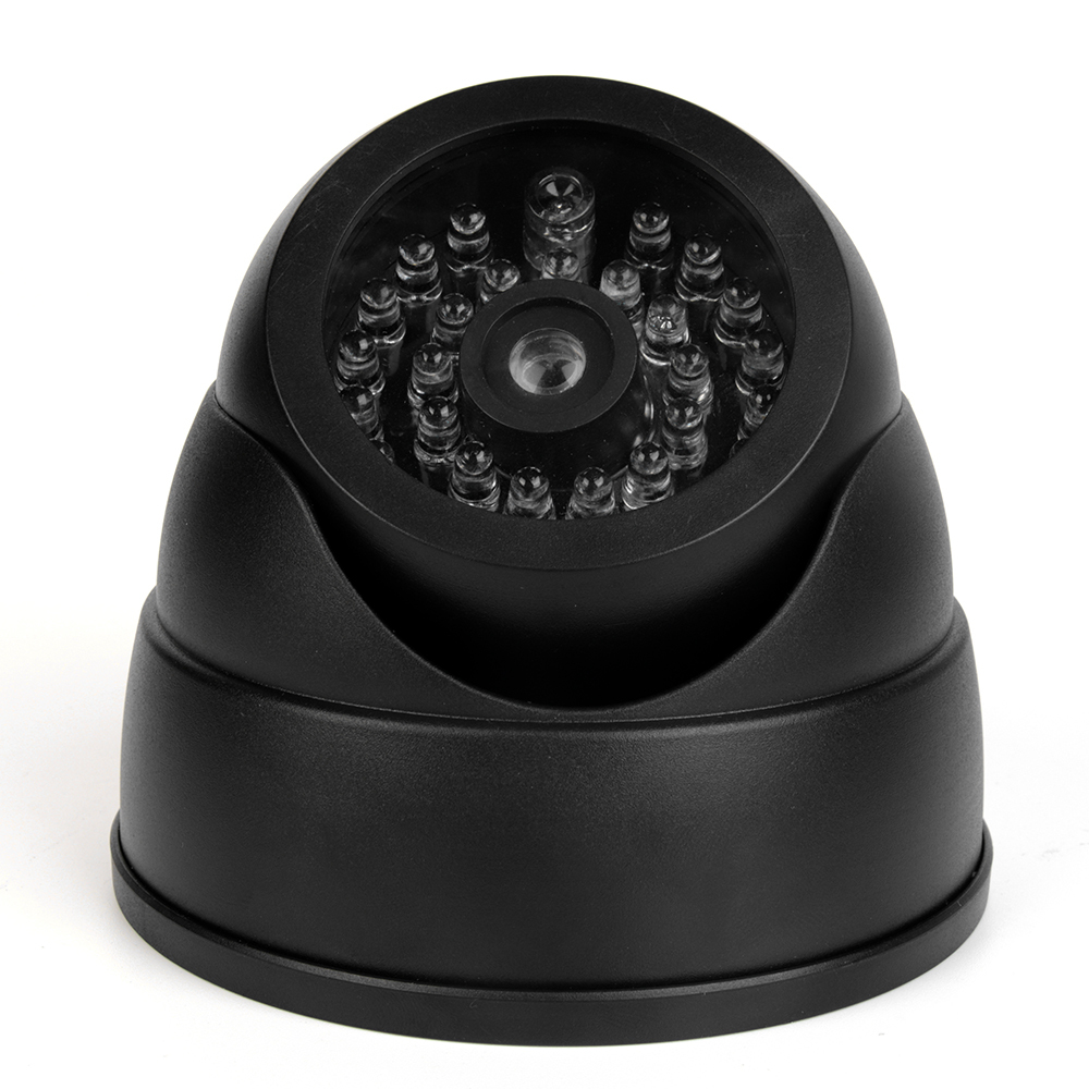 Angle view of a black realistic dummy dome security camera with fake IR LEDs.