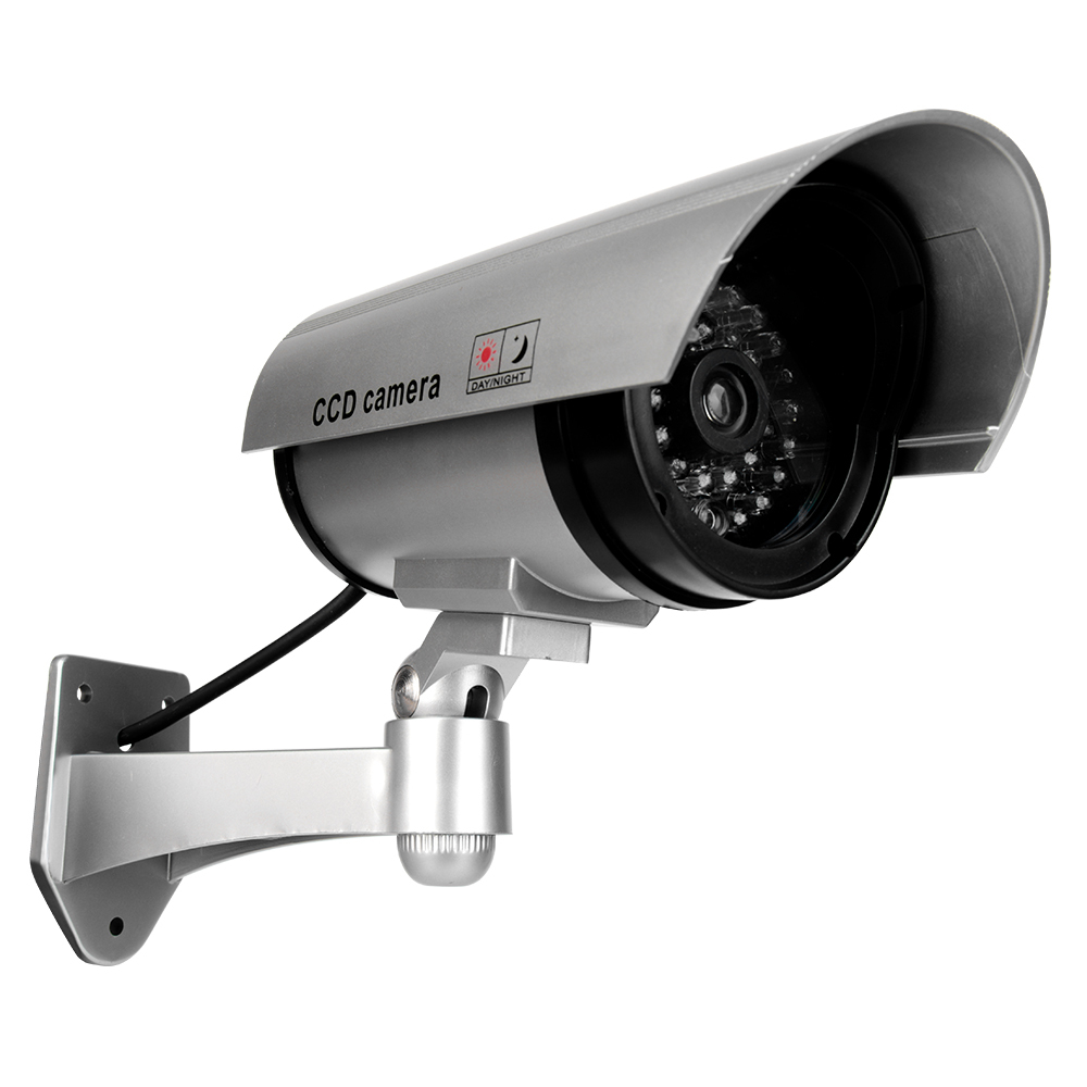 Angle view of a dummy security camera showing the multi-axis adjustable wall mounting bracket.
