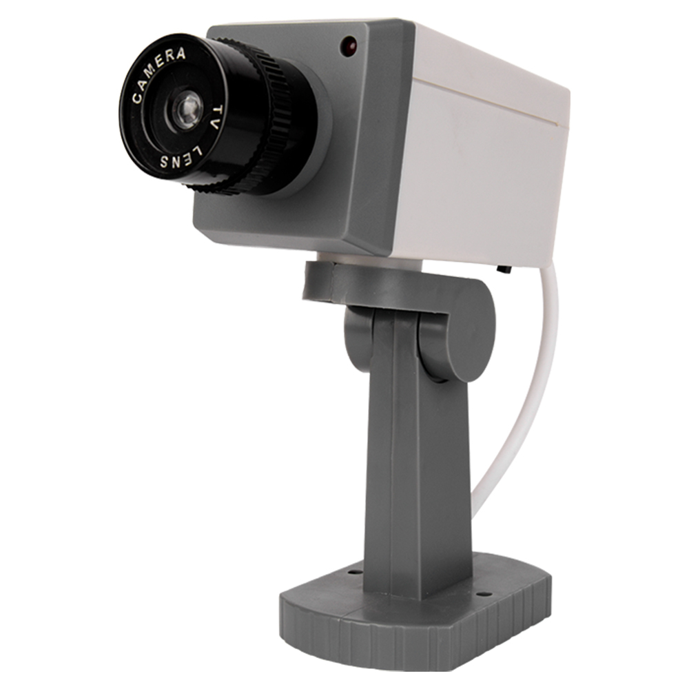 Side view of a grey motion sensor dummy bullet security camera with simulated lens and mounting bracket.