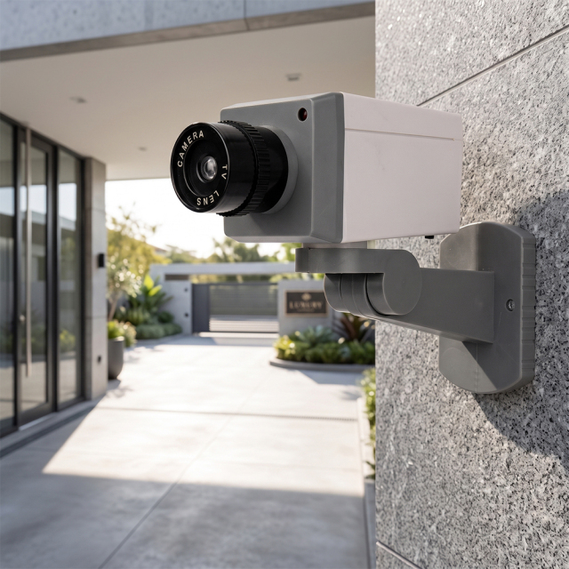 Realistic motion sensor dummy bullet security camera mounted on an outdoor building wall overlooking an entrance.