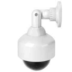 Front side view of a white outdoor dummy dome security camera with an adjustable mounting bracket.