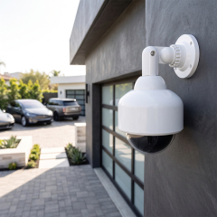 White outdoor dummy dome security camera mounted on a garage wall near a house driveway.