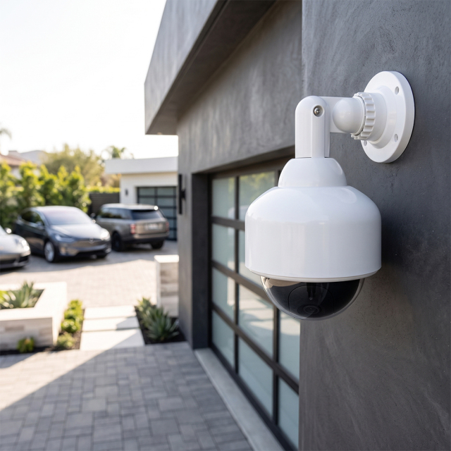 White outdoor dummy dome security camera mounted on a garage wall near a house driveway.