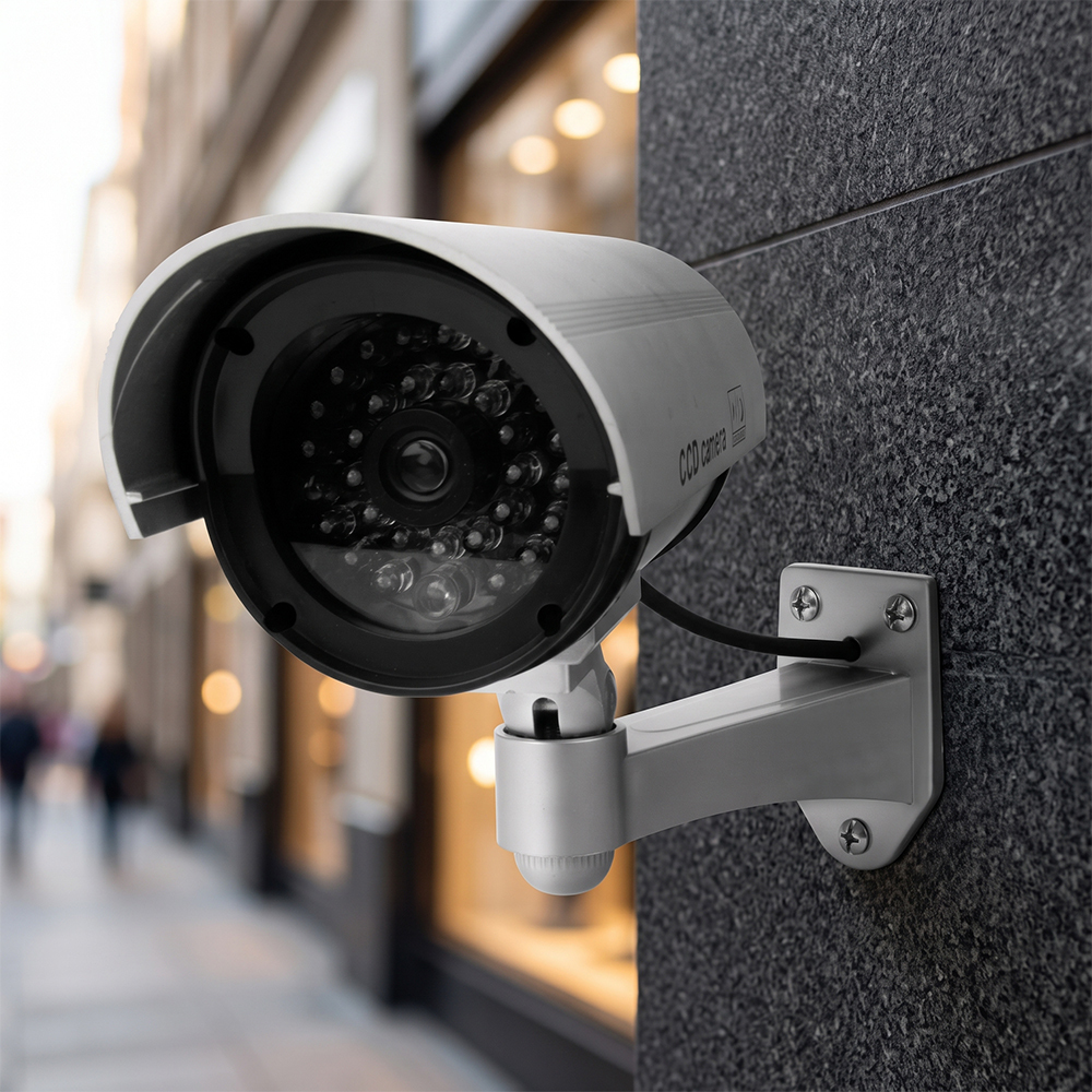 Realistic fake security camera with flashing light mounted on an outdoor building wall for home or business protection.