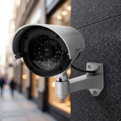 Realistic fake security camera with flashing light mounted on an outdoor building wall for home or business protection.