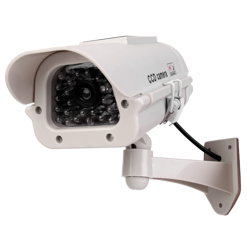 Front view of a silver solar powered dummy bullet security camera with fake IR LEDs and mounting bracket.