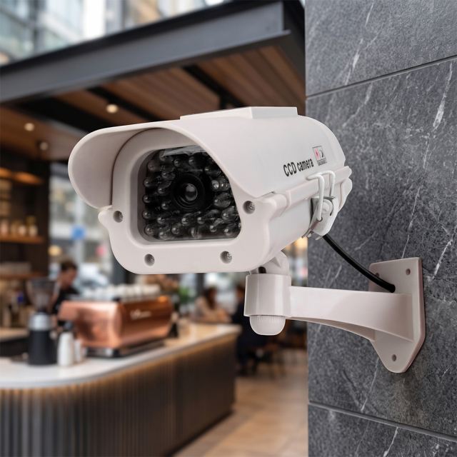 Solar powered dummy security camera mounted on an outdoor stone wall outside a storefront.