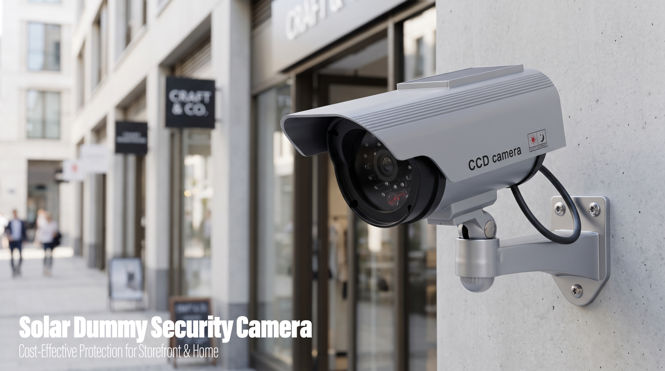 A silver solar-powered dummy security camera mounted on a concrete wall outside a storefront.