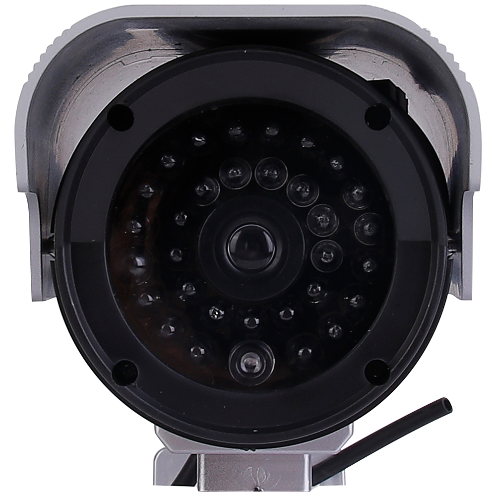 Close-up view of the simulated lens and faux infrared LED array on a dummy security camera.