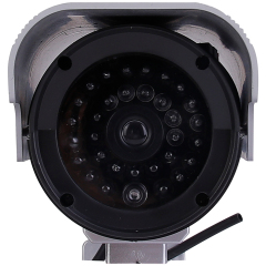 Close-up view of the simulated lens and faux infrared LED array on a dummy security camera.