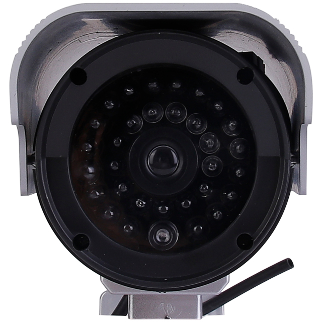 Close-up view of the simulated lens and faux infrared LED array on a dummy security camera.
