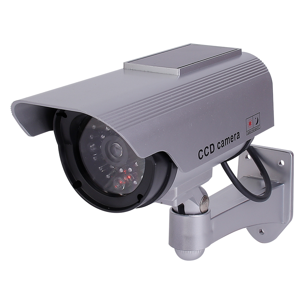 Front perspective view of a silver solar-powered dummy bullet security camera with simulated lens array.
