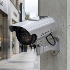 Silver solar-powered dummy security camera mounted on an exterior wall outside a commercial store.