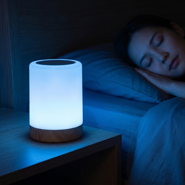 Cylindrical RGB bedside night light illuminating in cool blue light in a cozy bedroom setup.