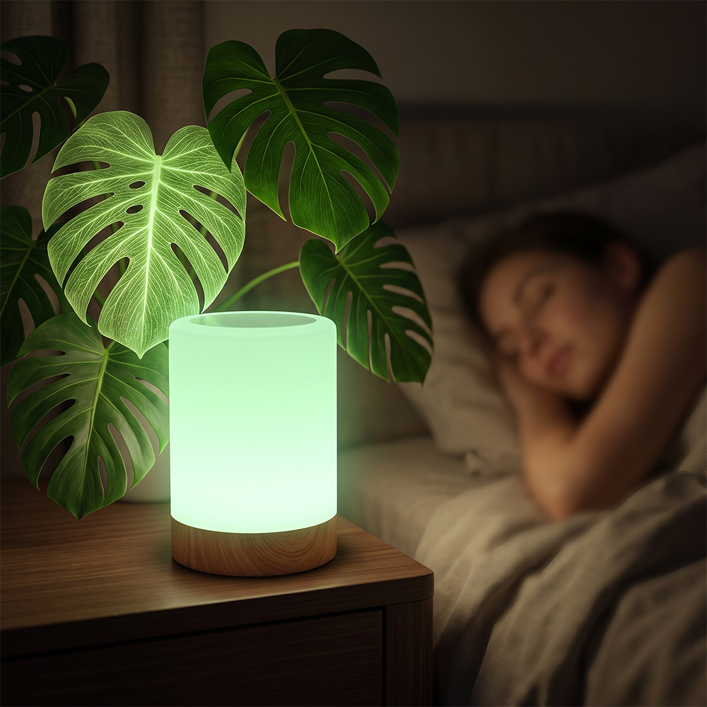 Cylindrical RGB LED night light glowing green on a wooden nightstand next to a potted monstera plant.