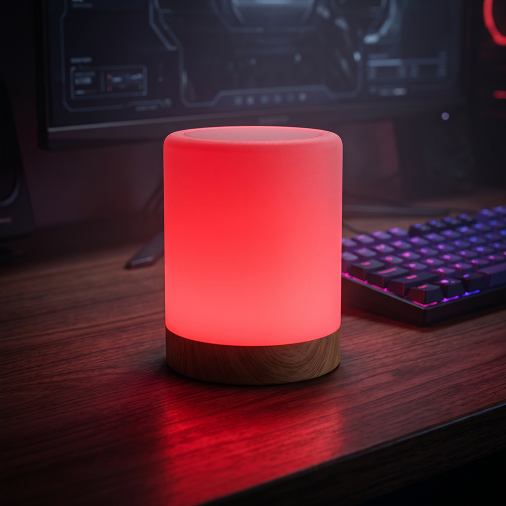 Cylindrical RGB LED table lamp glowing in red light on a dark gaming desk next to a keyboard.