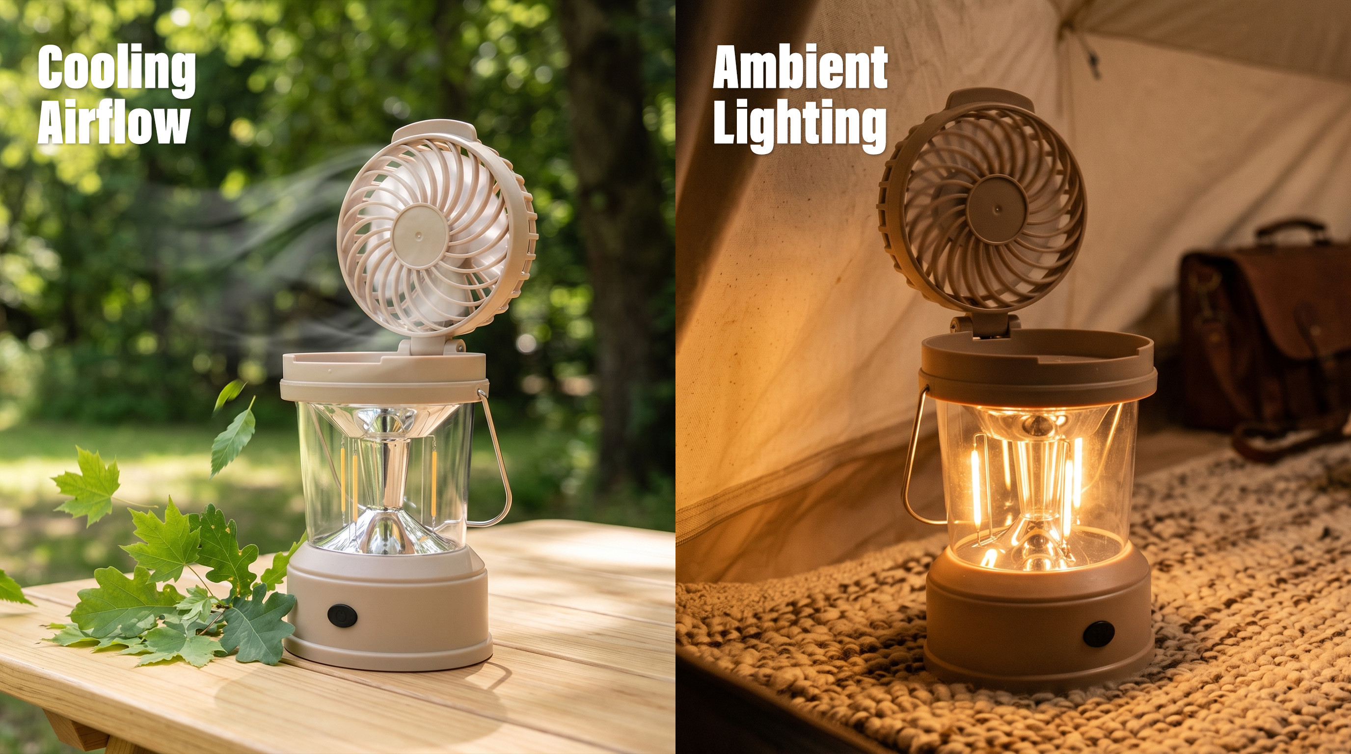 Side-by-side comparison showing a portable camping lantern with fan providing cooling airflow outdoors and warm ambient lighting inside a tent.