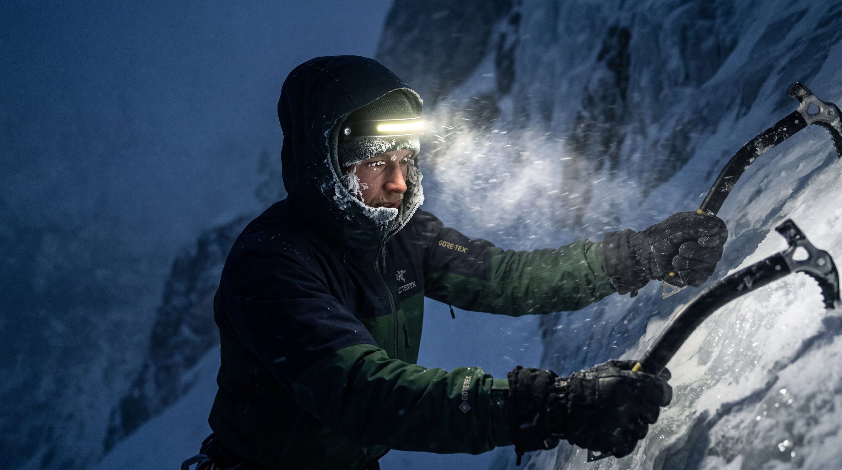Climber wearing a bright COB LED strip headlamp using ice axes during an extreme night ice climbing expedition.