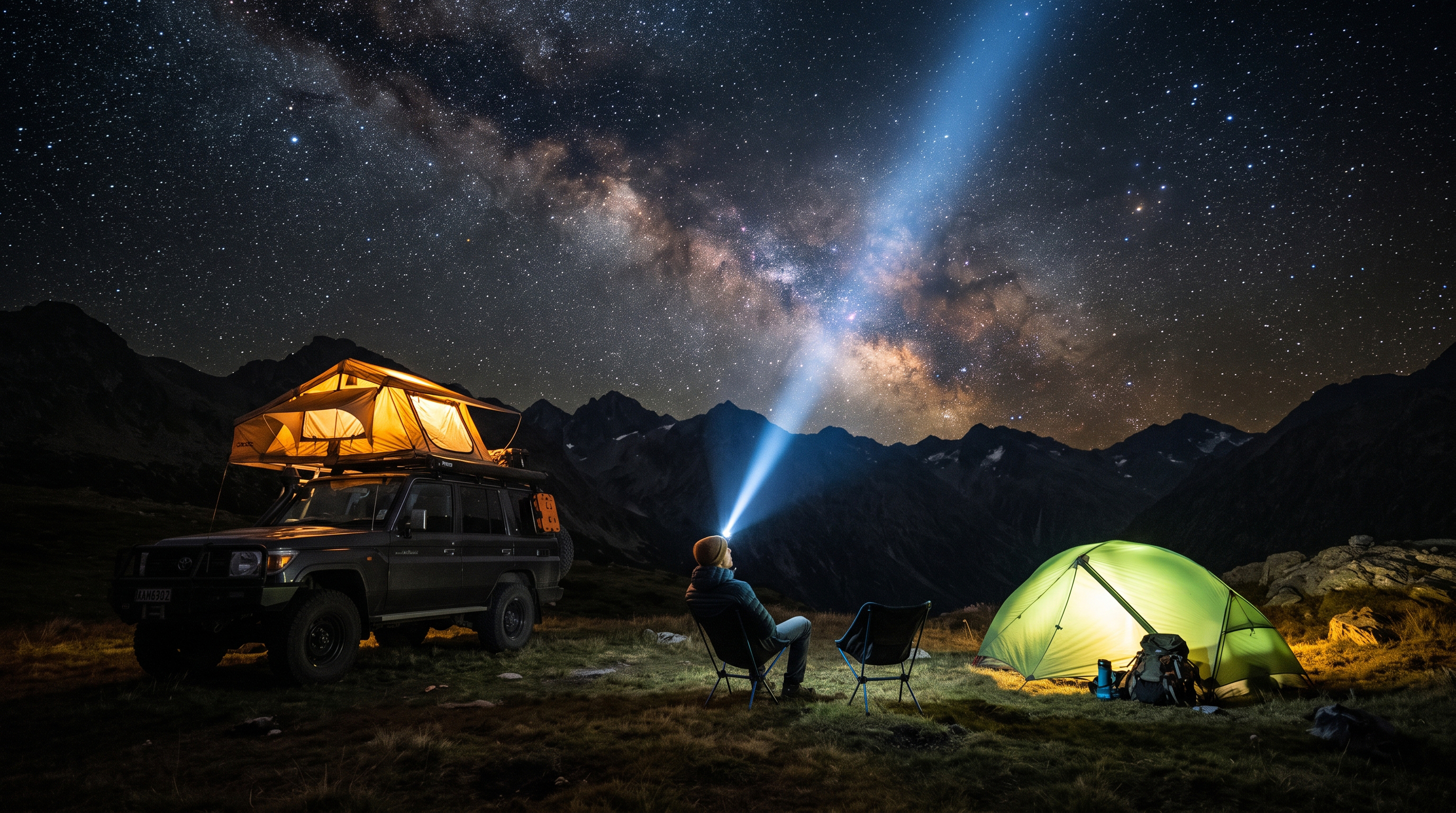 Camper sitting in a folding chair shining a powerful headlamp light beam into the starry night sky and Milky Way near a rooftop tent vehicle.