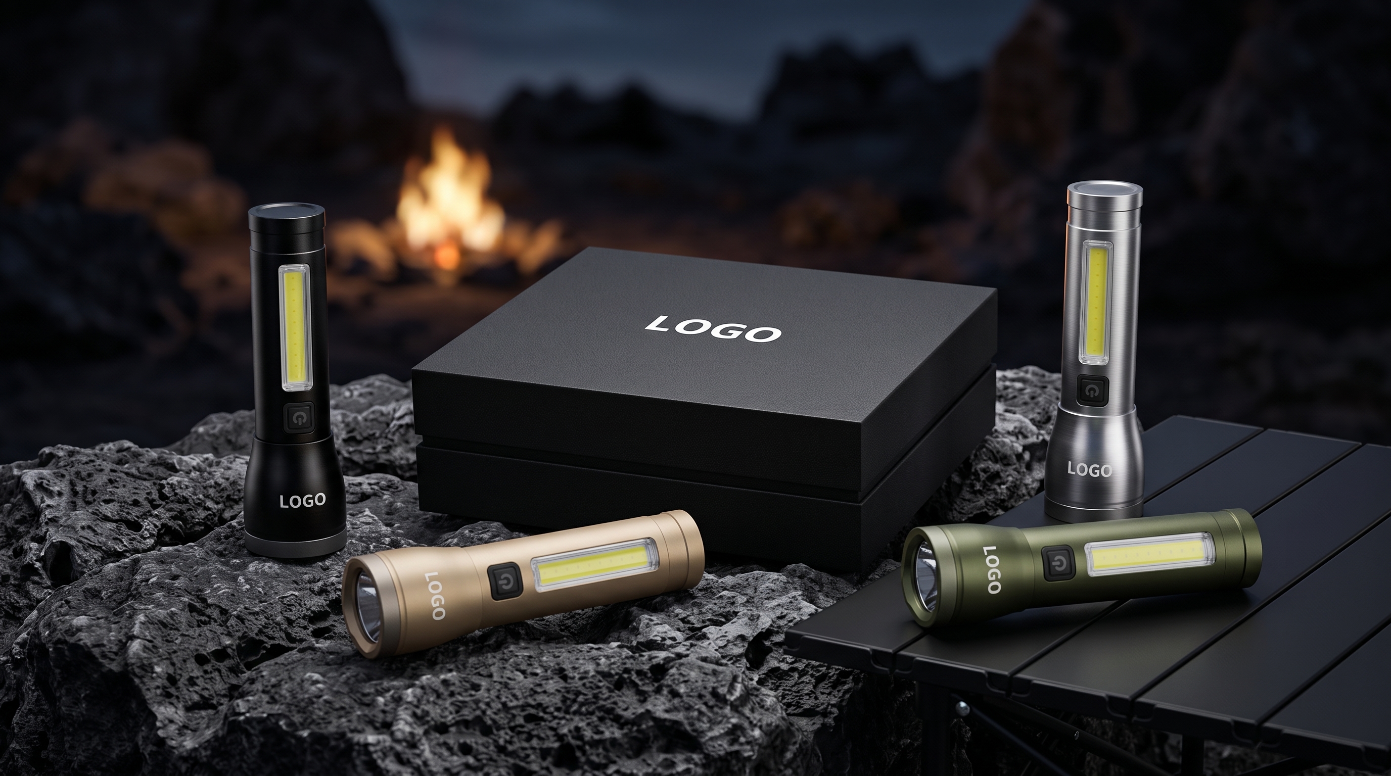 Portable rechargeable LED flashlights with side COB work lights in four metallic colors displayed with a custom gift packaging box outdoor night setup.