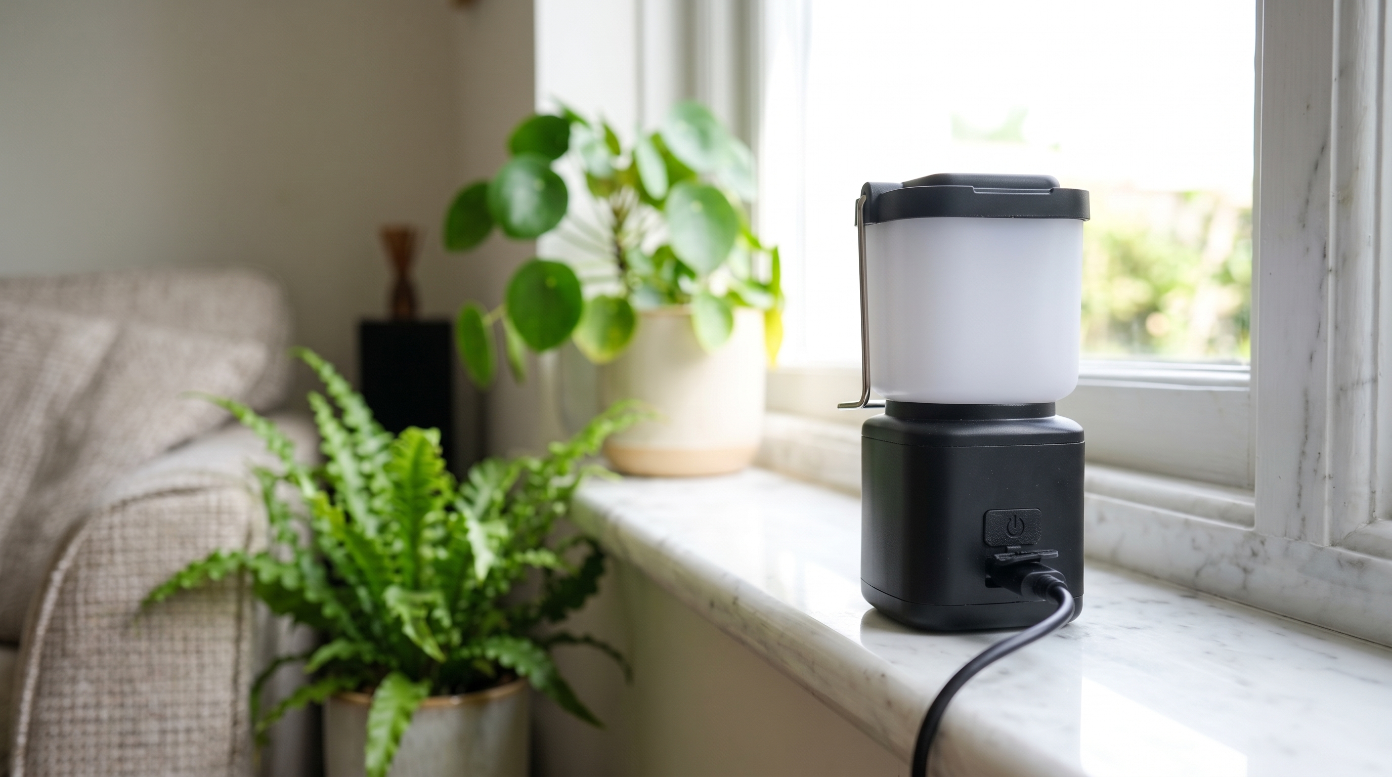 Portable rechargeable LED lantern charging via USB cable on a marble windowsill next to indoor green plants.
