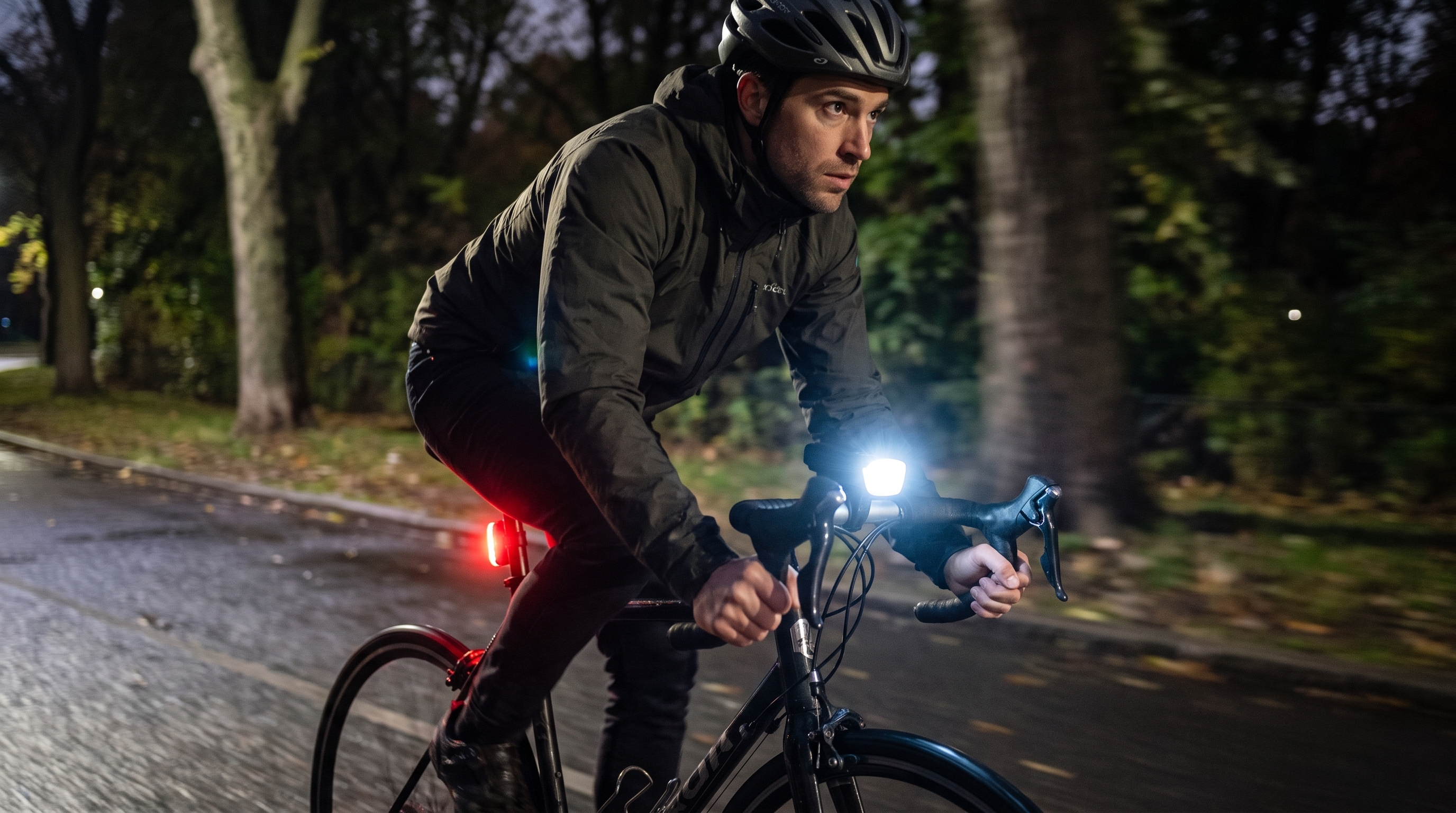 Cyclist riding a bicycle at night equipped with a powerful LED front headlight and red safety tail light.