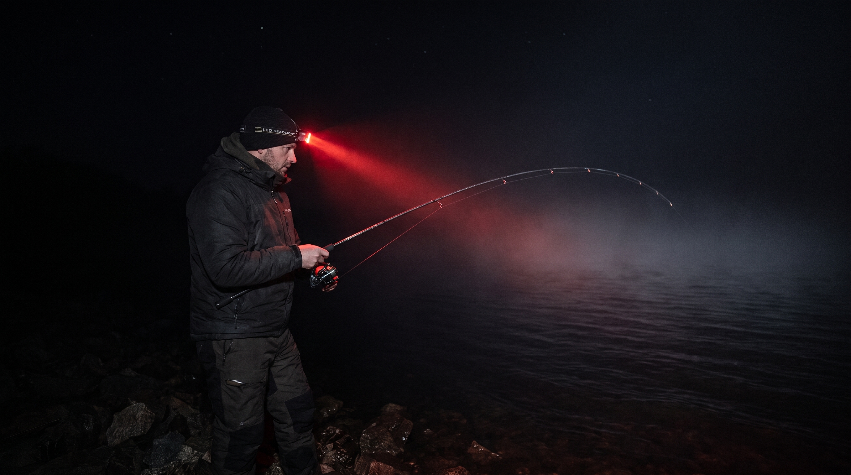 Angler wearing an LED headlamp with red light mode fishing by the water at night.