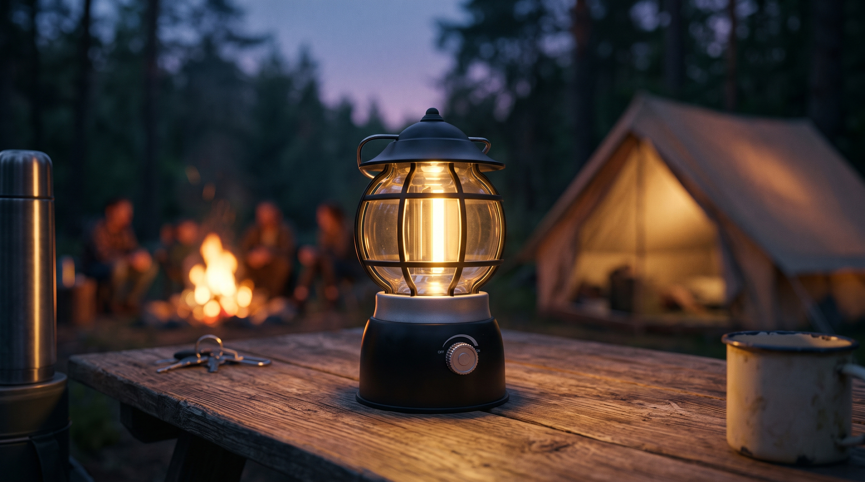 Warm glowing vintage LED camping lantern placed on a wooden table at dusk with a illuminated tent and campfire in the background.